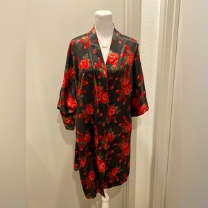 VTG Morgan Taylor Intimates Black & Red Roses & Ribbons Print Kimono Robe - M/L